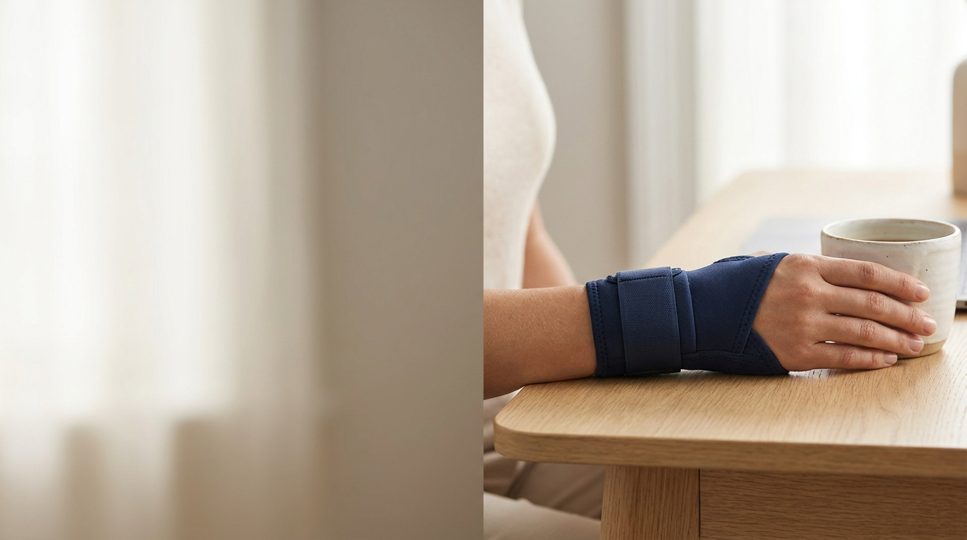 Hand wearing The Wrist Widget adjustable brace resting on a desk