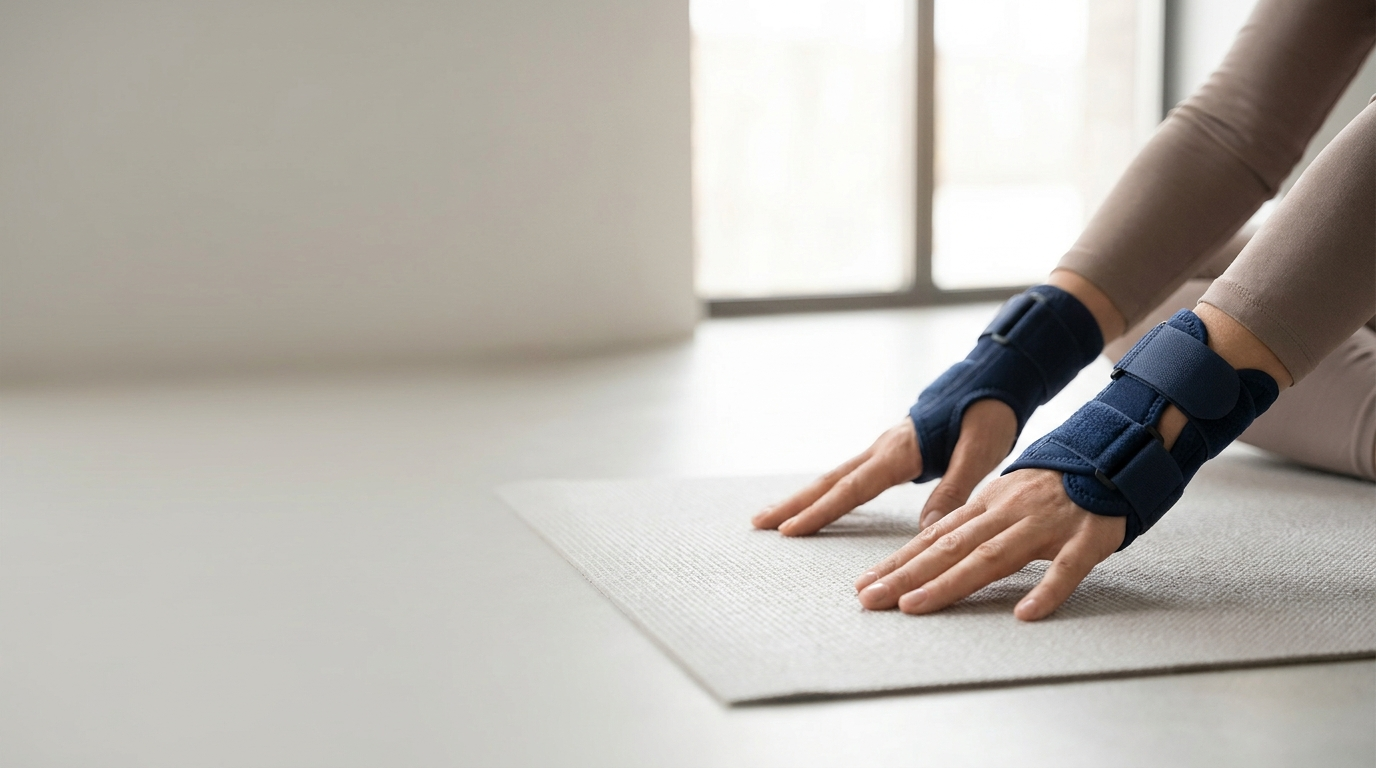 Hands wearing The Wrist Widget while stretching, active lifestyle